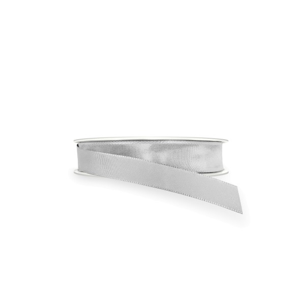Seidig glänzendes Geschenkband Lyon Silber in Breite 25 mm.