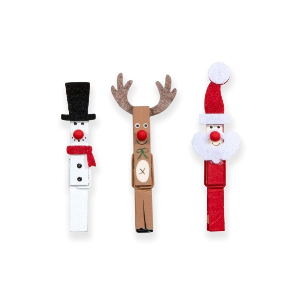 Lustige Deko-Klammern aus Holz für den passenden Einsatz in der Weihnachtszeit.