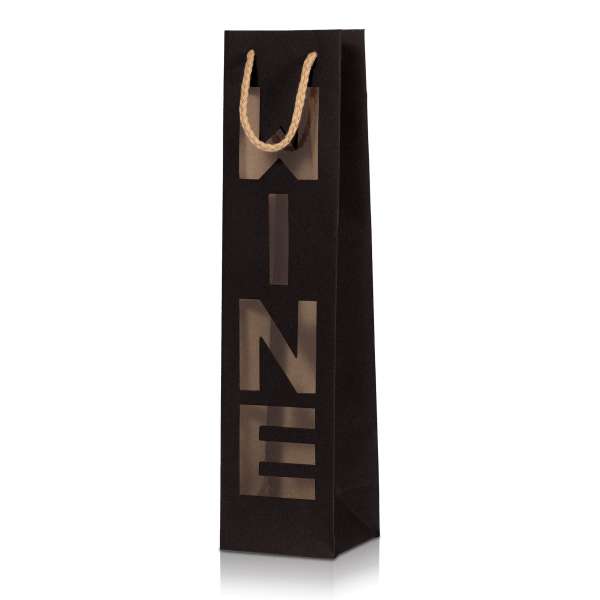 Tragetasche für Wein in Schwarz mit ausgestanztem und hinterklebtem Schriftzug "WINE".