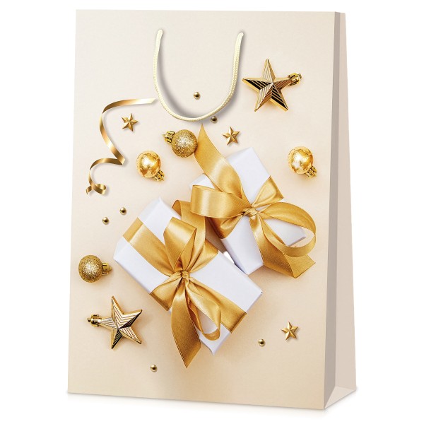Große Geschenktüte "Goldene Bescherung" mit Weihnachtsmotiven.
