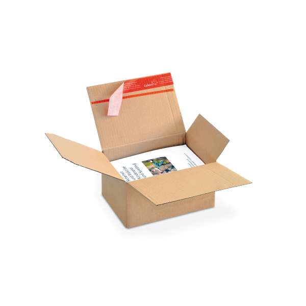 Kleiner Automatikbodenkarton in geöffnetem Zustand mit Klebeverschluss. 