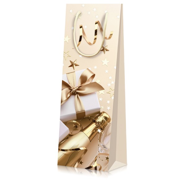 Flaschentasche mit Weihnachtsmotiv und Kordeln für eine Wein- oder Sektflasche.