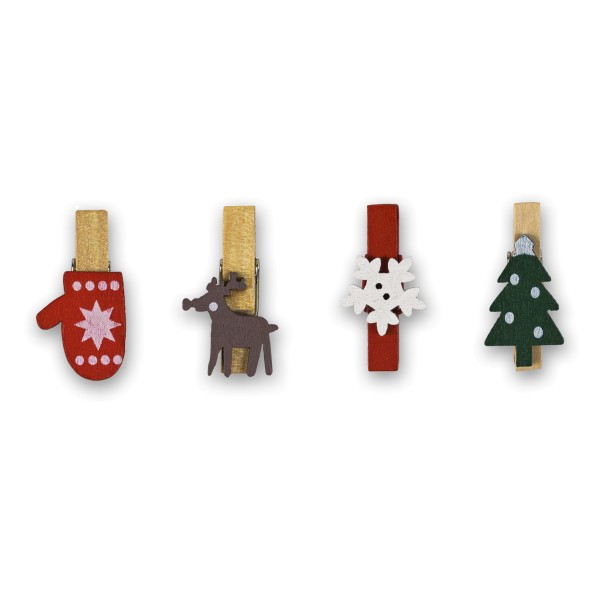 Motivklammern für Geschenkverpackungen: Handschuh, Rentier, Schneeflocke, Tannenbaum.