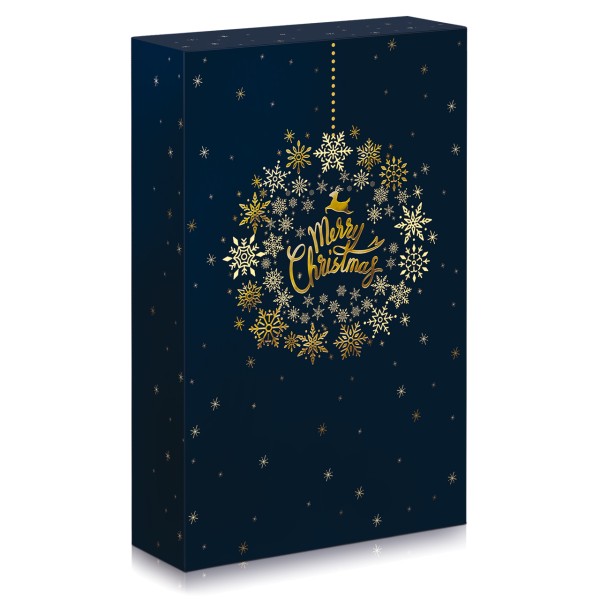 Geschenkkarton für Wein zu Weihnachten in Nachtblau mit goldener Weihnachtskugel.