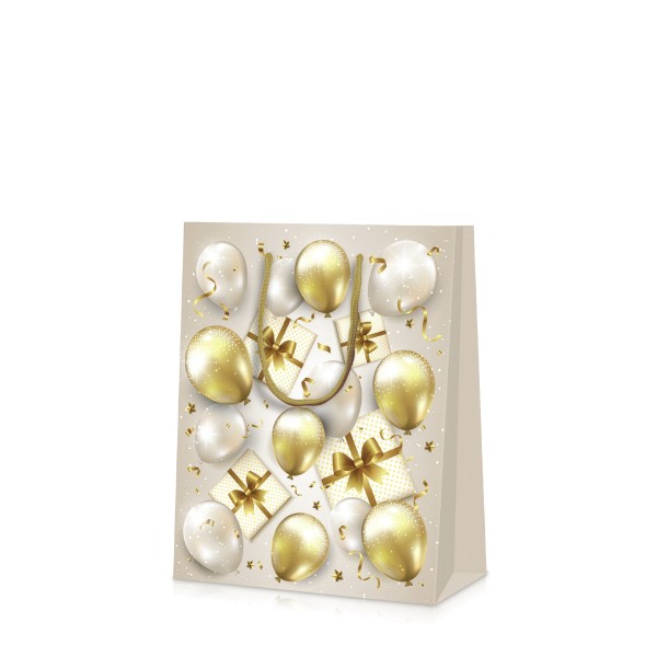 Geschenktüte Surprise in klein mit Ballons und Präsenten als Motiv.