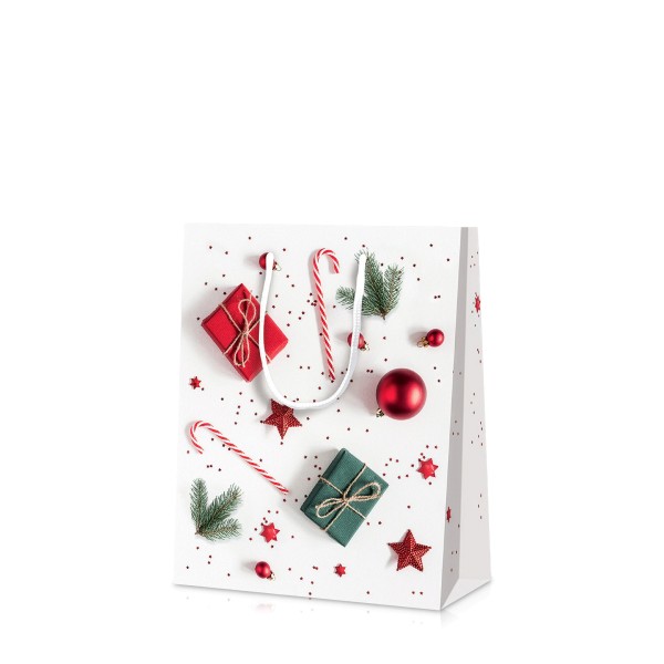 Kleine Geschenktasche für Weihnachtspräsente mit passendem Motivdruck.