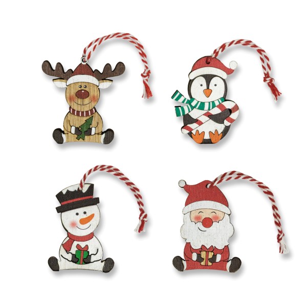 Weihnachtliche Deko-Anhänger in den Motiven Rentier, Schneemann, Pinguin, Weihnachtsmann.
