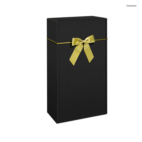 Goldene Stoffschleife mit Gummiband auf schwarzer Geschenkverpackung.