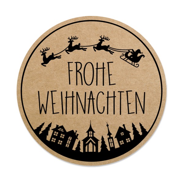 Motivsticker für Weihnachten mit Rentierschlitten über Stadt und Aufschrift "Frohe Weihnachten".