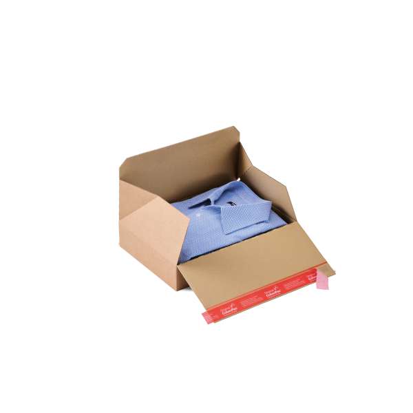 Geöffneter Faltkarton mit Klebeverschluss.