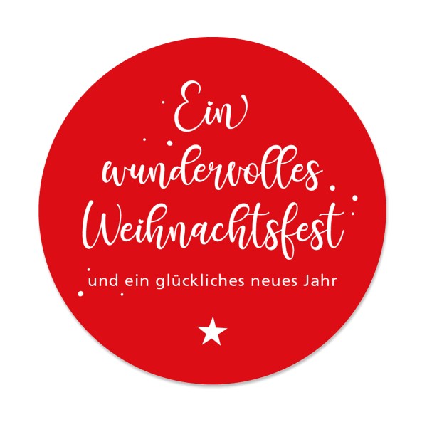 Roter Aufkleber für Weihnachten mit weißer Aufschrift "Ein wundervolles Weihnachtsfest und ein glückliches neues Jahr".