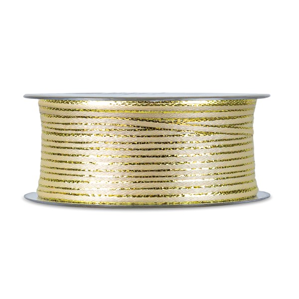 Schmales Satinband in Creme mit goldenen Seitenkanten. 