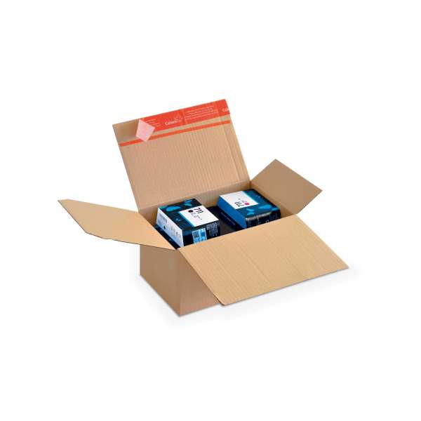 Kleiner robuster Versandkarton mit Automatikboden und Klebeverschluss in offenem Zustand.