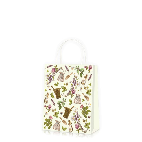 Kleine Tragetüte mit Kräuter-Motiven zum Verschenken von naturbezogenen Präsenten. 