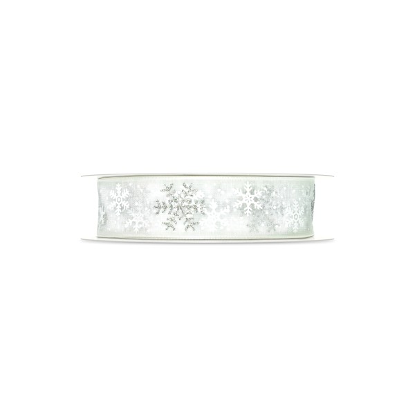 Organza-Geschenkband in Weiß mit Schneesternen für Weihnachtsgeschenke.