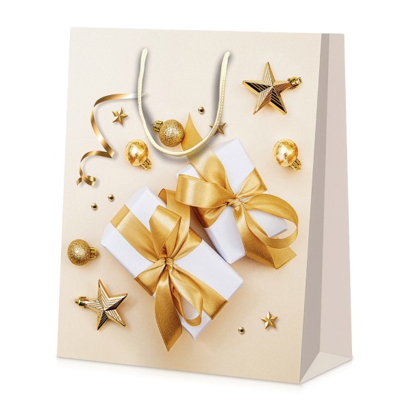 Festliche Tragetasche mit Motiven Geschenke und Weihnachtsbaumschmuck. 