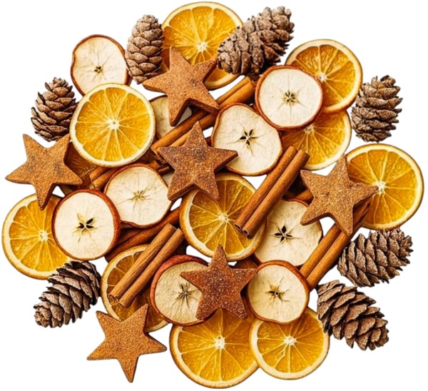 Weihnachtlicher Deko-Mix aus getrockneten Orangen- und Apfelscheiben, Zimtstangen, Sternen und Zapfen.