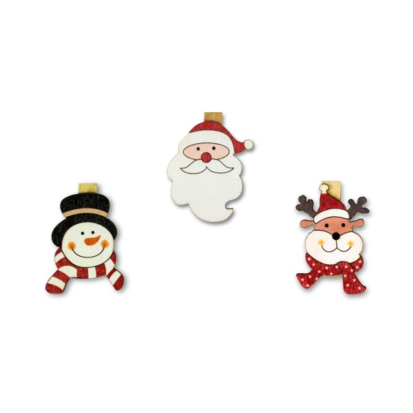 Deko-Holzklammern für Weihnachtsgeschenke: Schneemann, Weihnachtsmann, Rentier.