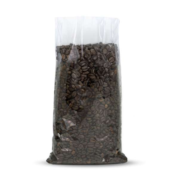 Klarsichttüte gefüllt mit Kaffeebohnen