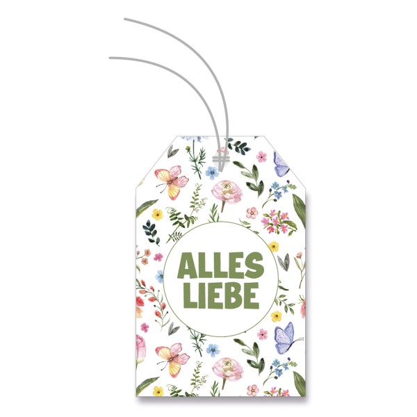 Anhängerkärtchen mit Blumenmotiv und Aufschrift "Alles Liebe".