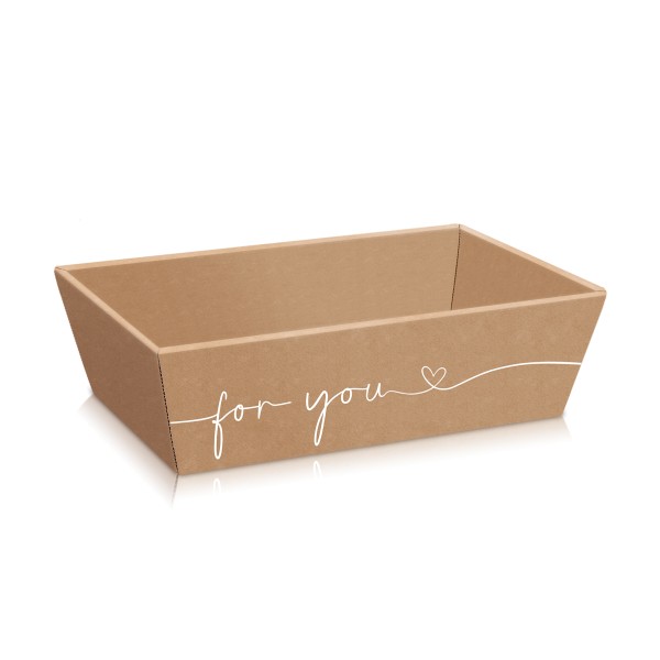 Pappkorb für Geschenk, leer, in moderner Kraftpapieroptik und mit weißer Aufschrift "for you &#9825;".