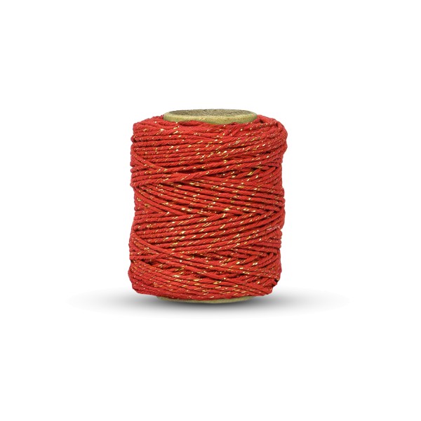 Rote Kordel mit Goldfaden auf Rolle.