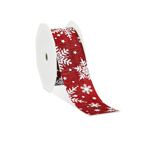 Rotes Geschenkband für Weihnachten in Leinenoptik mit Schneeflocken bedruckt.