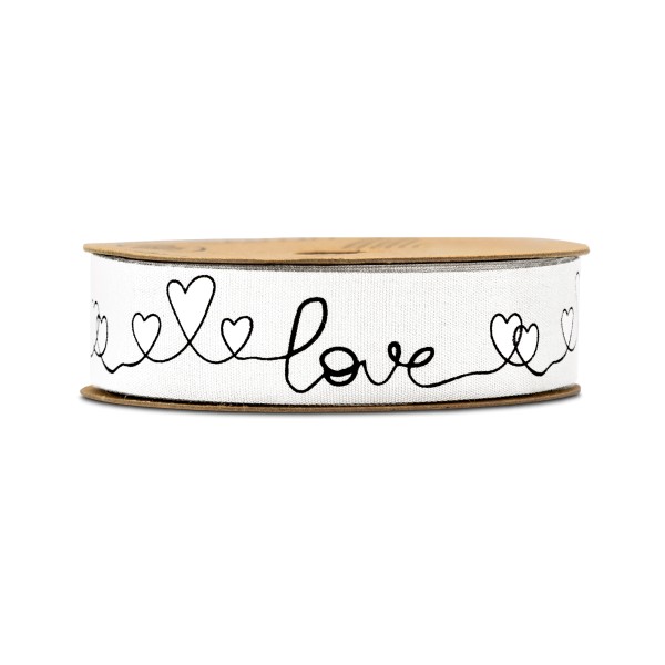 Geschenkband mit Herzen und Aufschrift "love" in Weiß.