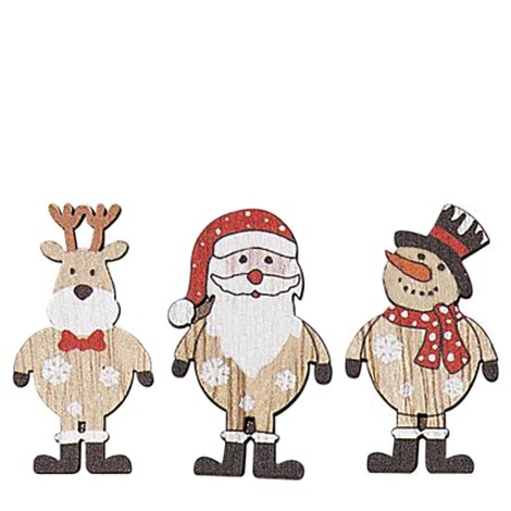 Kleine Holzklammern mit Elch, Weihnachtsmann und Schneemann.