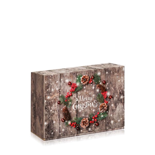 Geschenkbox für Weihnachten mit Weihnachtskranz auf Holz.