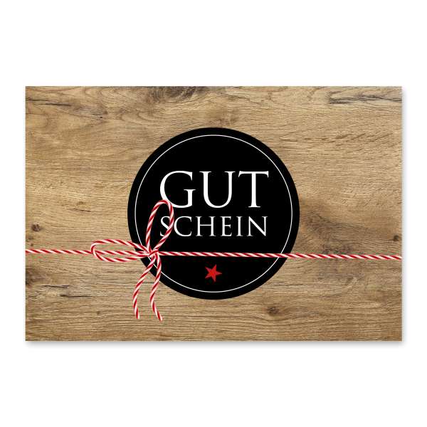 Geschenkgutschein für Einzelhandel mit Holzmotiv.