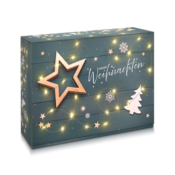 Geschenkkarton mit Motivdruck Weihnachtsstern und Lichterkette.