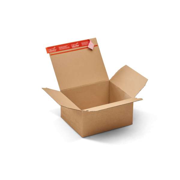 Kartonage für Postversand in geöffnetem Zustand mit Klebeverschluss. 
