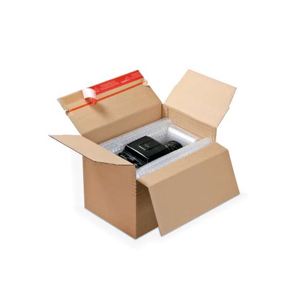 Offener Versandkarton mit Blitzboden und Selbstklebeverschluss.