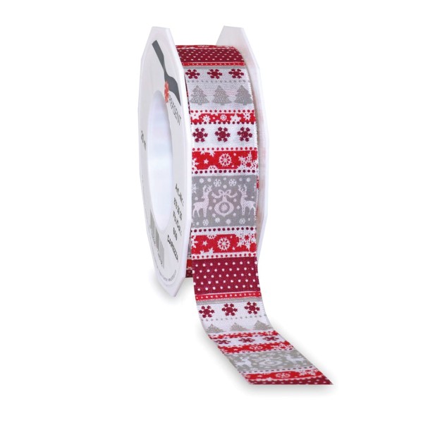 Geschenkband mit Weihnachtsmotiven in Rot und Grau.