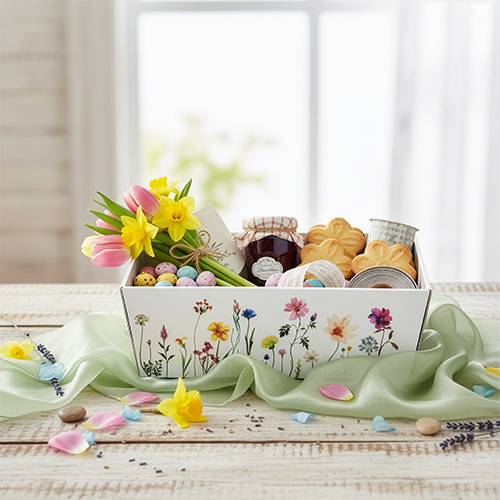 Weißer Präsentkorb mit zarten Blümchenmotiv