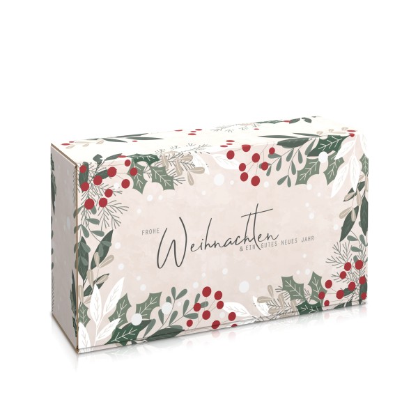 Geschenkkarton für Weihnachtspräsente mit Mistelzweigen.