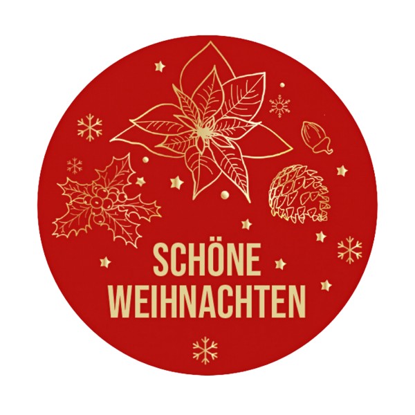Selbstklebender Weihnachtssticker in Rot mit Motiven zur Deko von Geschenken. 