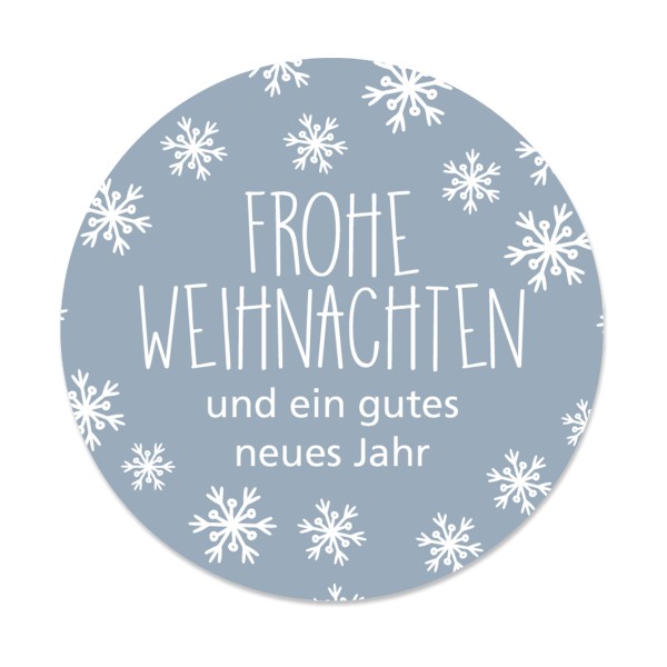 Weihnachtsaufkleber mit Schneeflocken und Aufschrift "Frohe Weihnachten und ein gutes neues Jahr".