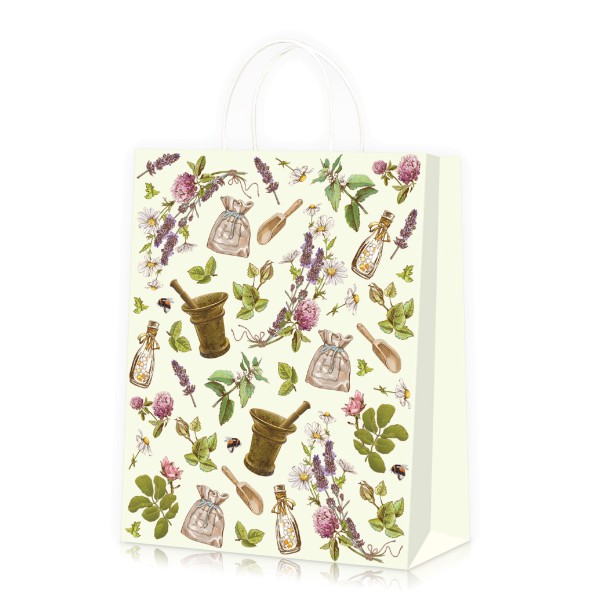 Mittler Geschenktüte mit Kräuter-Motiven und Tragekordeln.