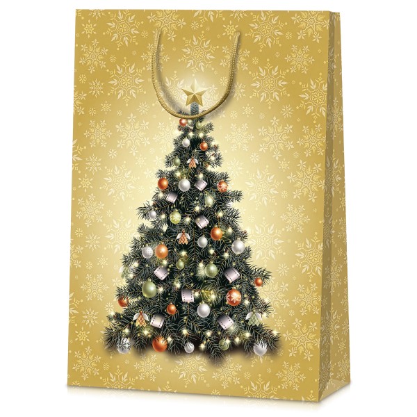 Große Geschenktasche mit Bäumchenmotiv für Weihnachten mit Tragekordeln.
