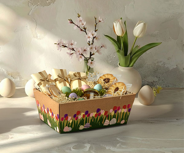 Viereckiger Präsentkorb mit Tulpen- und Ostereiermotiv