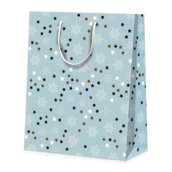 Geschmackvolle Geschenktasche mit Schneeflocken und Sternen.