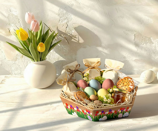 Sechseeckiger Präsentkorb mit Tulpen- und Ostereiermotiv