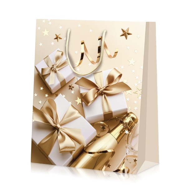 Mittelgroße Geschenktasche mit Weihnachtsmotiv und Tragekordeln.
