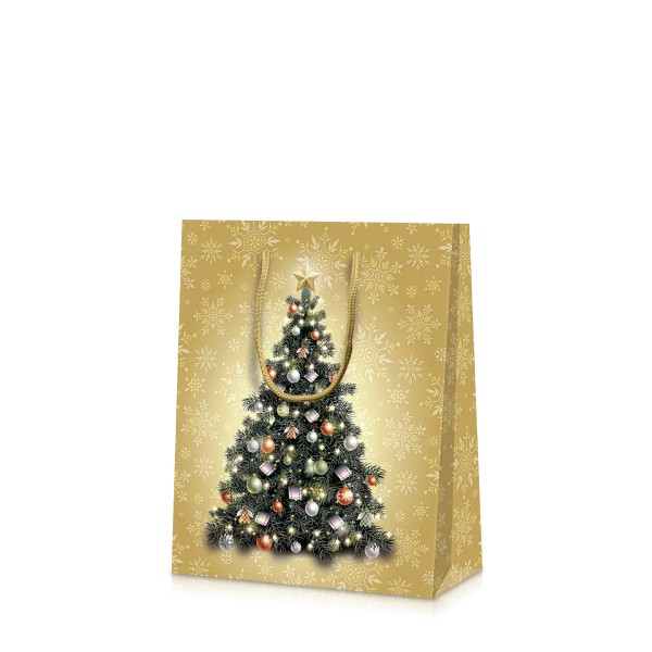 Kleine Tragetasche mit Weihnachtsbaummotiv und Kordeln.