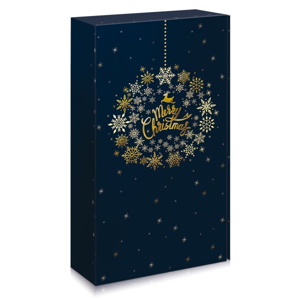 Geschenkkarton für Weihnachten in Nachtblau mit goldener Weihnachtskugel.