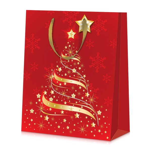 Tragetasche für Weihnachtspräsente in klassischem Rot mit goldenen Bäumchen und Anhängerkärtchen.