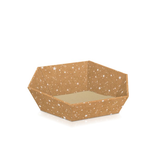 Kleiner neutral gehaltener Geschenkkorb mit weißem Sternen-Aufdruck zum Befüllen in der Weihnachtszeit.
