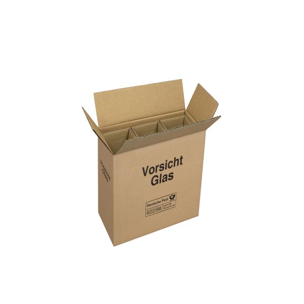 3er Flaschenversandkarton mit Aufschrift "Vorsicht Glas" geöffnet.